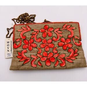 MOYNA Sequin Beaded Clutch Purse Orange Floral Evening Bag With Chain